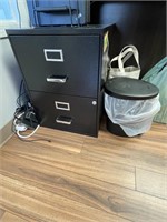 2 drawer filing cabinet and garbage can