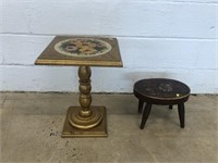 Hand Painted Gilded Plant Stand & Footstool