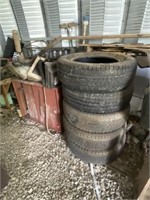 5 tires, metal cabinet, work surface and contents