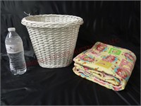 Painted Wicker Wastebasket & Child's Blanket