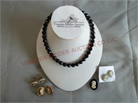 Glass Beads, Cameo Pin & 3 Pair Cameo Earrings