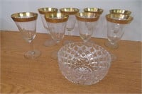 Gold rimmed wine glasses & glass bowl