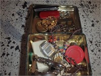 METAL BOX WITH WATCH, KNIFES AND MISC JEWERLY