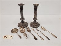 (8) Misc Silver Utensils & Pair of Candle Sticks