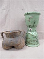 PAINTED PEDESTAL & 2 HANDLED POTTERY PLANTER: