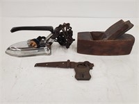 1940's Travel Iron, Wooden Planer, & Miller Lock