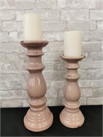 2 Soft Pink Glazed Pillar Candle Holders