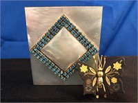 Vintage Mother of Pearl Compact & Butterfly Pin