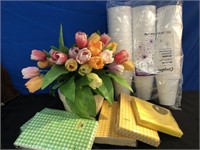 Beautiful Table-new napkins, foam cups & Flowers