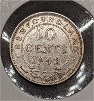 1942 Newfoundland Canada Sterling Silver 10-Cent C