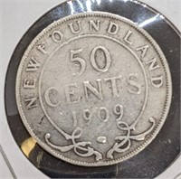 1909 Newfoundland Canada Sterling Silver 50-Cent C