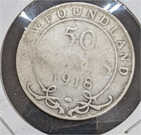 1918 Newfoundland Canada Sterling Silver 50-Cent C