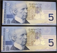 2 Consecutive 2002 Bank of Canada $5 Bank Notes