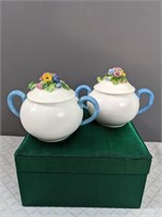 Staffordshire China Jars with Flower Lids