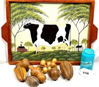 Decorative Wood Farm Scene Tray & Wood Nut Display