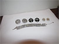 Vtg Rhinestone Bracelet  & 3 Pr Vtg Clip Earrings