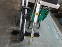 TOOL LOT -- PUSH BROOM, LEVEL, SHOVEL & 2 RODS