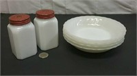 Milk Glass S&P Shaker & 4 Bowls