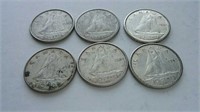 Six Pre-1966 Canada Silver Dimes