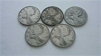 Five 1940s Canada Silver 25 Cent Coins