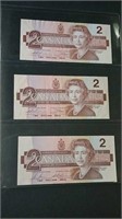 Three 1986 Canada $2 Banknotes