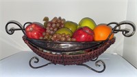Wicker and metal fruit basket w/ artificial fruit
