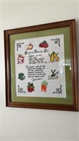 Framed cross-stitched “Grandmas Vegetable Soup”