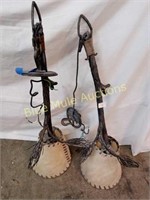 2 matching iron hanging lights w/rawhide shades-