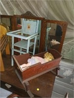 vintage doll cradle and highchair