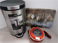 Trash can, horse cutting board, Marlboro canteen