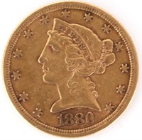 1880-P 90% GOLD $5 LIBERTY HEAD COIN