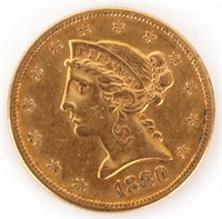 1880-P 90% GOLD $5 LIBERTY HEAD COIN