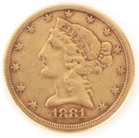 1881-P 90% GOLD $5 LIBERTY HEAD COIN