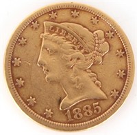 1885-S 90% GOLD $5 LIBERTY HEAD COIN