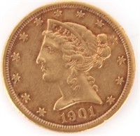 1901-S 90% GOLD $5 LIBERTY HEAD COIN
