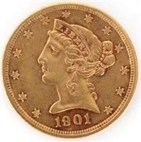 1901-S 90% GOLD $5 LIBERTY HEAD COIN