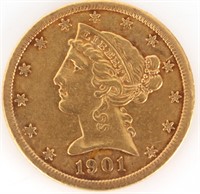 1901-S 90% GOLD $5 LIBERTY HEAD COIN