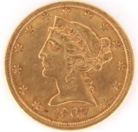 1907-P 90% GOLD $5 LIBERTY HEAD COIN