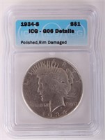 90% SILVER 1934-S PEACE DOLLAR - ICG CERTIFIED