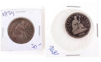 SEATED LIBERTY QUARTER DOLLARS - 1859 XF & 1876