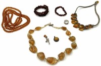 Lot with Citrine Necklace, Amber & Silver Jewelry.