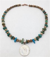 Necklace w/Colored Agate, Turquoise, Silver Dollar