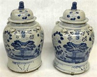 Pair of Blue & White Chinese Covered Jars.
