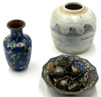 Lot: Cloisonne Items, Porcelain Jar, Metal Items.