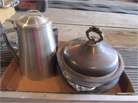 Coffee Perculator, Silver pot & glass cass. dish