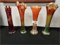 4 Carnival glass vases, apx. 12" tall