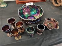 Carnival glass bowl, dish, and cups