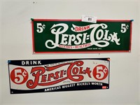 Two metal Pepsi signs, 18" x 6"
