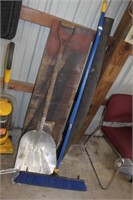 push broom, scoop shovel, plyboard,