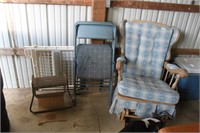 glider chair and 2 lawn chairs, metal bench and